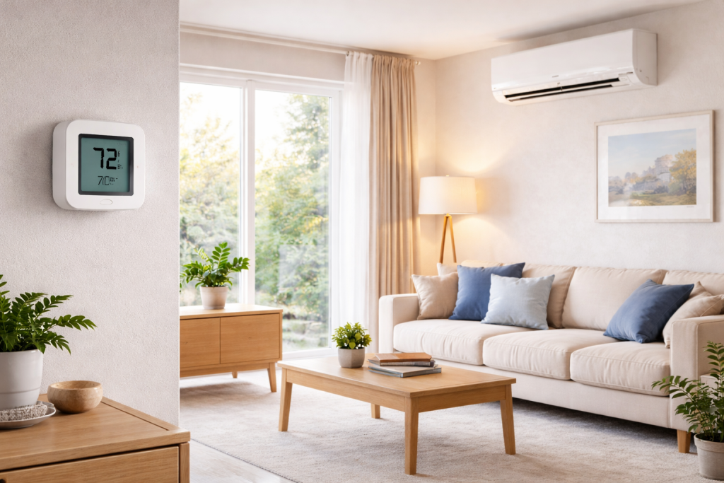 Modern living room with wall AC and thermostat for home comfort