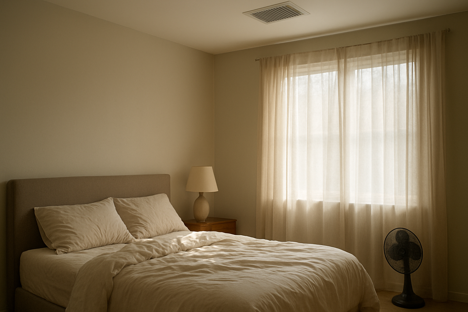 Bedroom with warm afternoon light and subtle reduced airflow discomfort