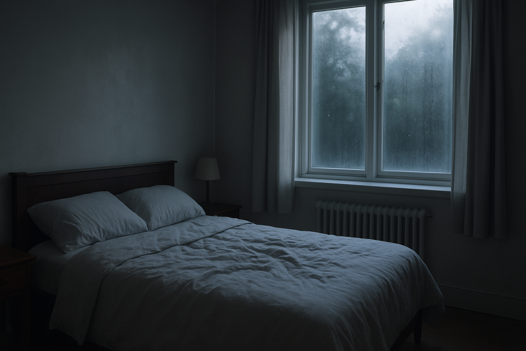 Bedroom with morning window condensation and a damp, heavy atmosphere