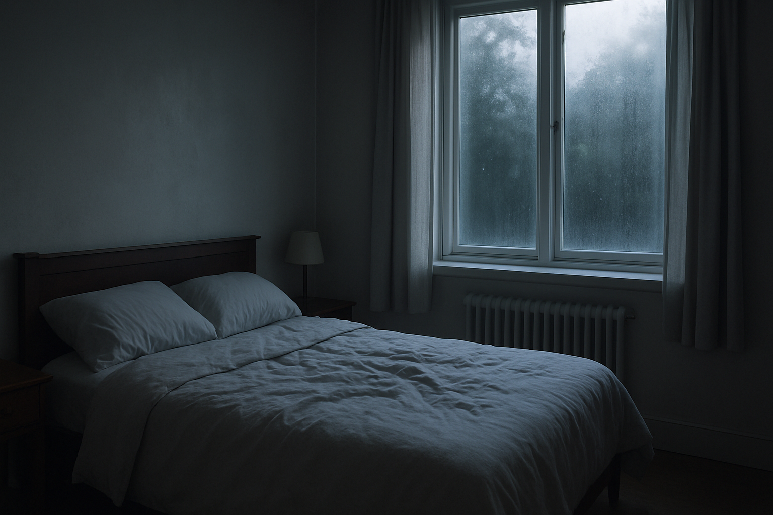 Bedroom with morning window condensation and a damp, heavy atmosphere