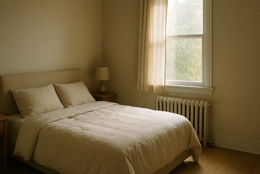 Upstairs bedroom with wall radiator showing subtle uneven heating issue