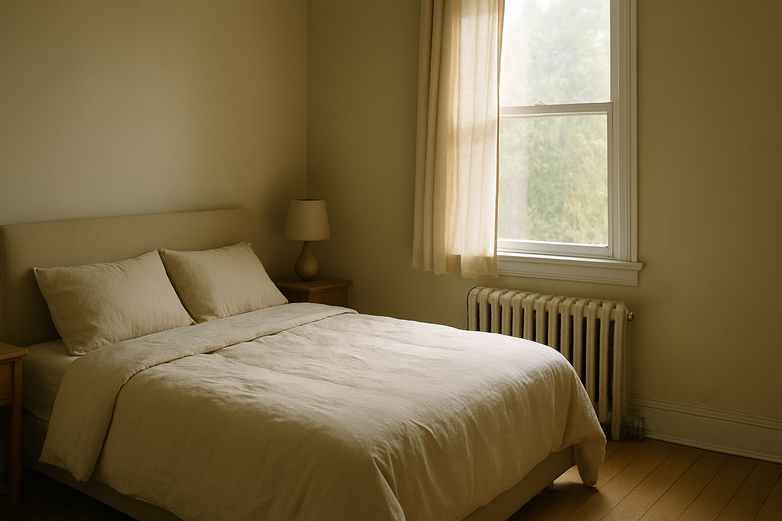 Upstairs bedroom with wall radiator showing subtle uneven heating issue