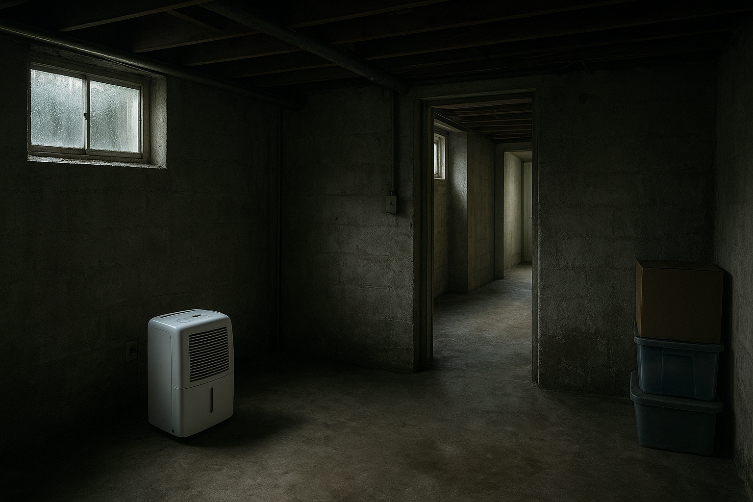 Clammy basement with dehumidifier running while damp air lingers