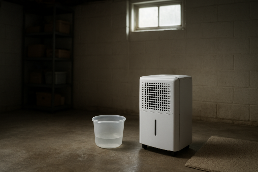 Basement dehumidifier with empty bucket despite lingering damp, musty feel