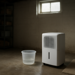 Basement dehumidifier with empty bucket despite lingering damp, musty feel