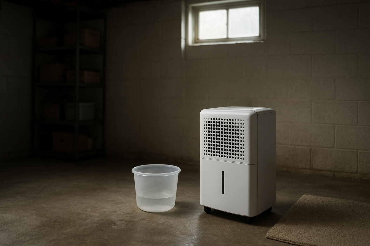 Basement dehumidifier with empty bucket despite lingering damp, musty feel