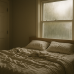 Early morning bedroom with closed door and subtly stuffy air