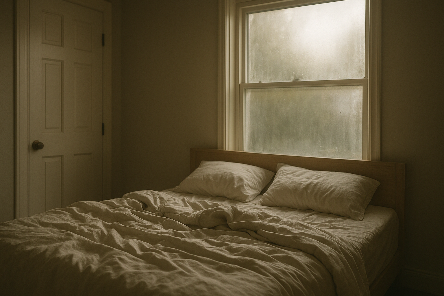Early morning bedroom with closed door and subtly stuffy air