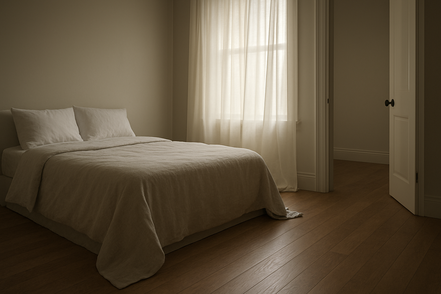 Sunlit bedroom with cooler floor area near the bed