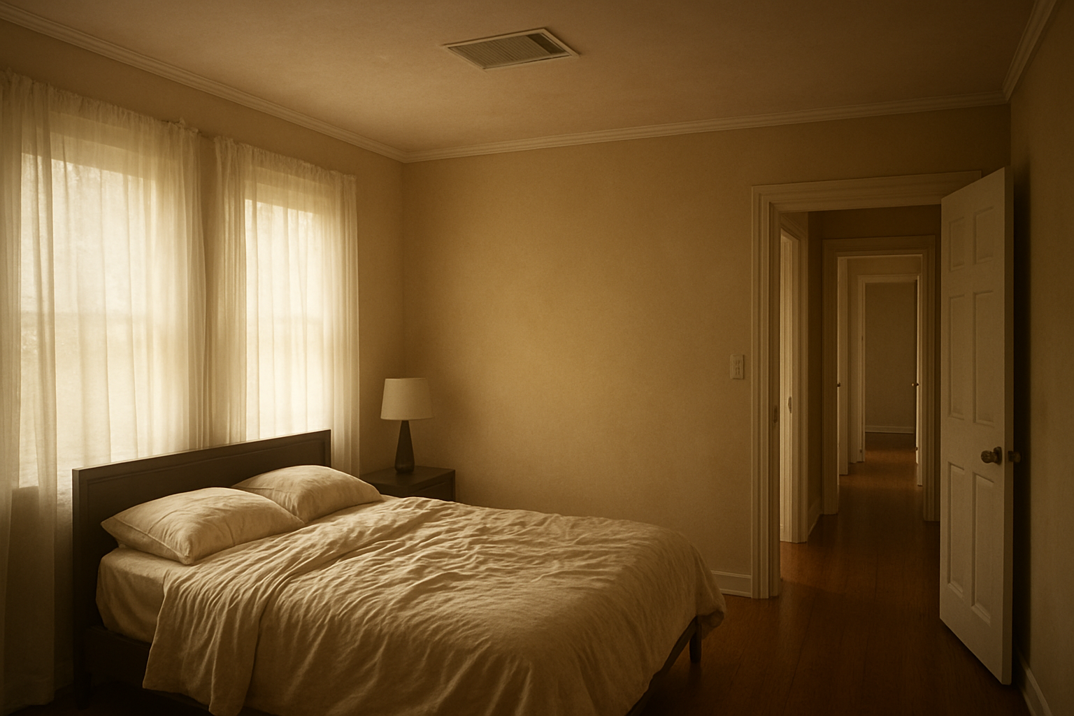 Upstairs bedroom with open door and subtle warm stuffy air