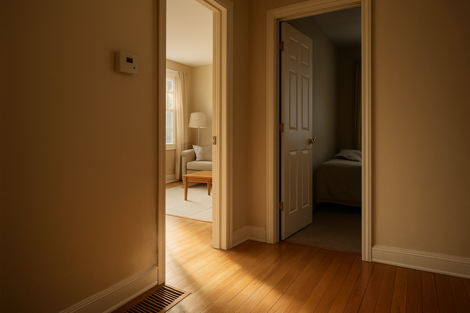 Hallway and bedroom with vent airflow delayed during furnace startup