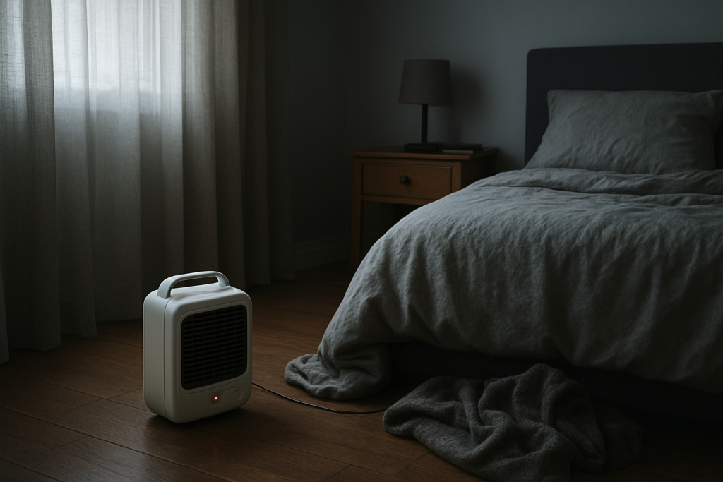 Bedroom with portable heater shut off near bed and blanket