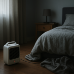 Bedroom with portable heater shut off near bed and blanket