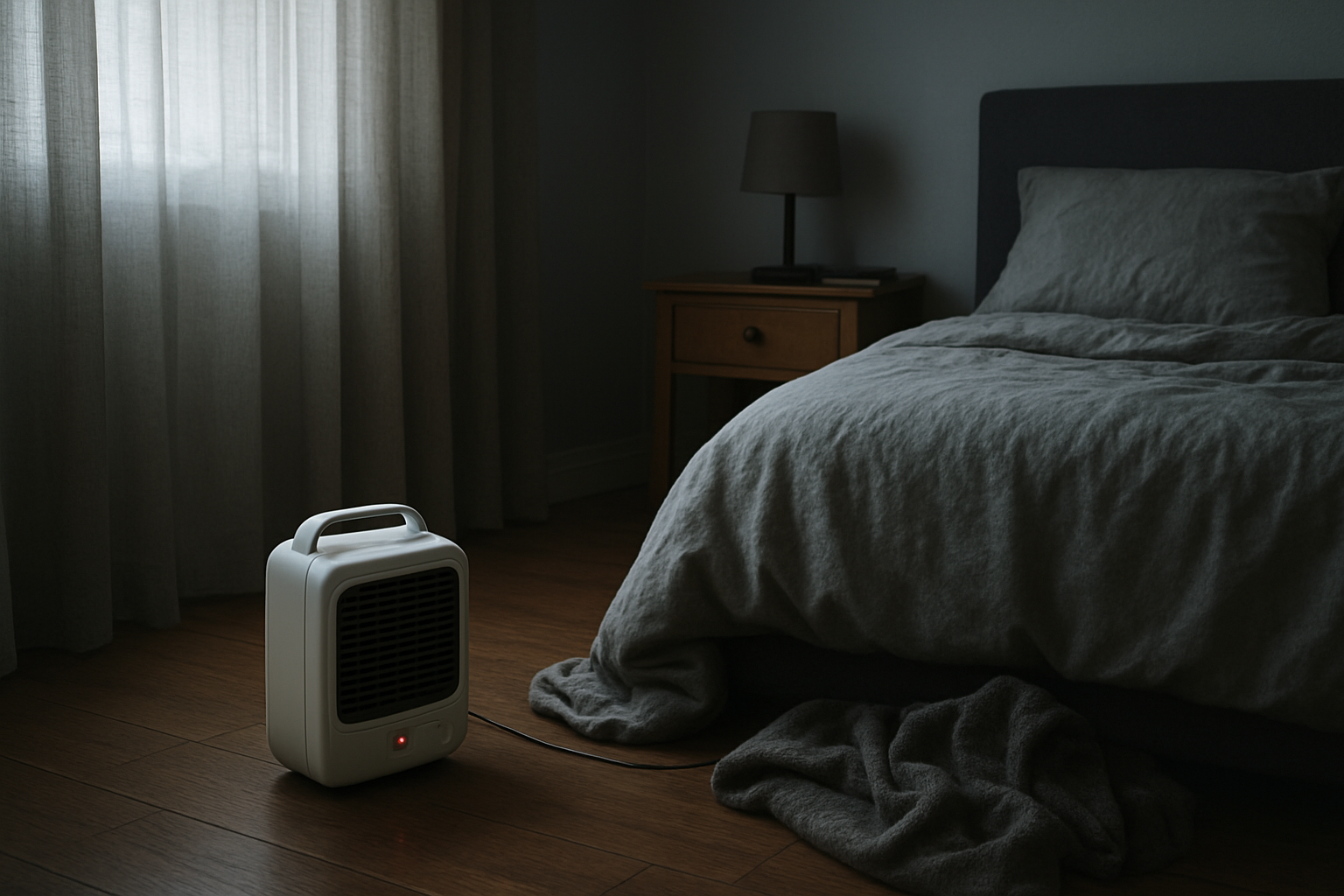 Bedroom with portable heater shut off near bed and blanket